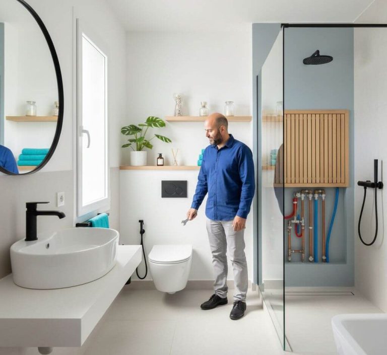 . Sistemas de agua caliente sanitaria y radiadores Hombre de pie en un baño moderno, junto a un lavabo y un inodoro. Decoración minimalista.